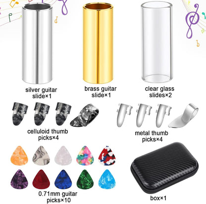 Guitar Accessories Set 4Pcs Slides 10Picks 8Pc Picks Box for Guitars Banjo Uk...