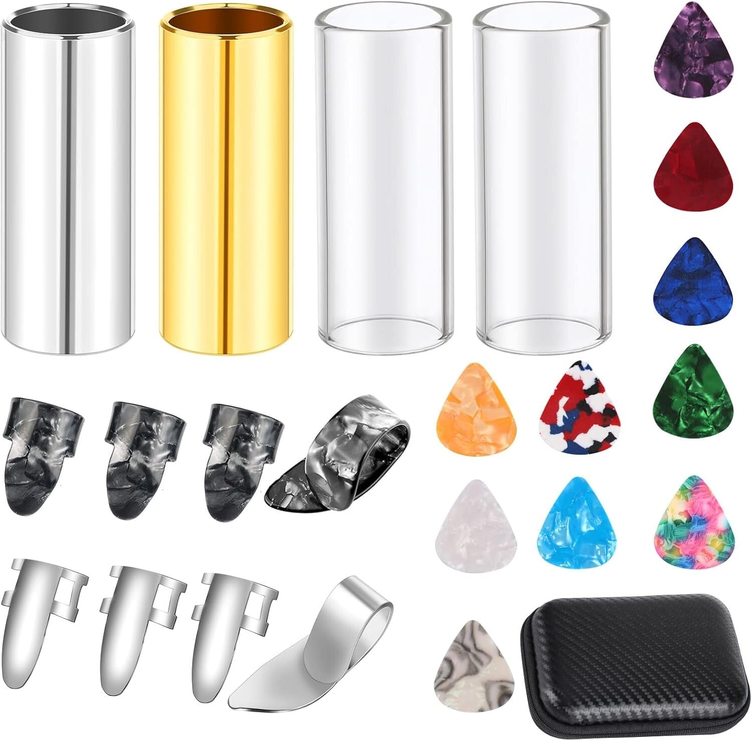 Guitar Accessories Set 4Pcs Slides 10Picks 8Pc Picks Box for Guitars Banjo Uk...