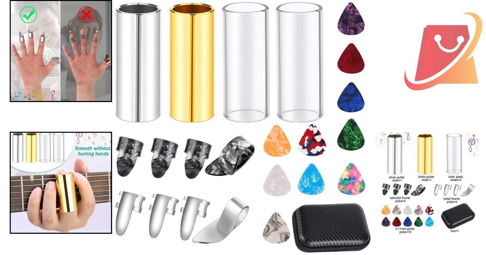 Guitar Accessories Set 4Pcs Slides 10Picks 8Pc Picks Box for Guitars Banjo Uk...