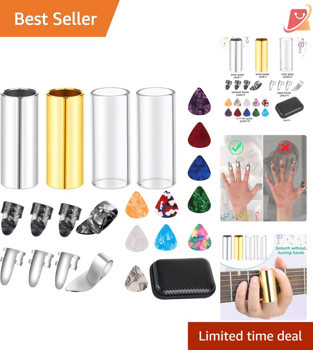 Guitar Accessories Set 4Pcs Slides 10Picks 8Pc Picks Box for Guitars Banjo Uk...