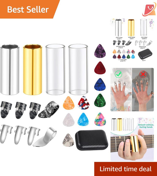 Guitar Accessories Set 4Pcs Slides 10Picks 8Pc Picks Box for Guitars Banjo Uk...