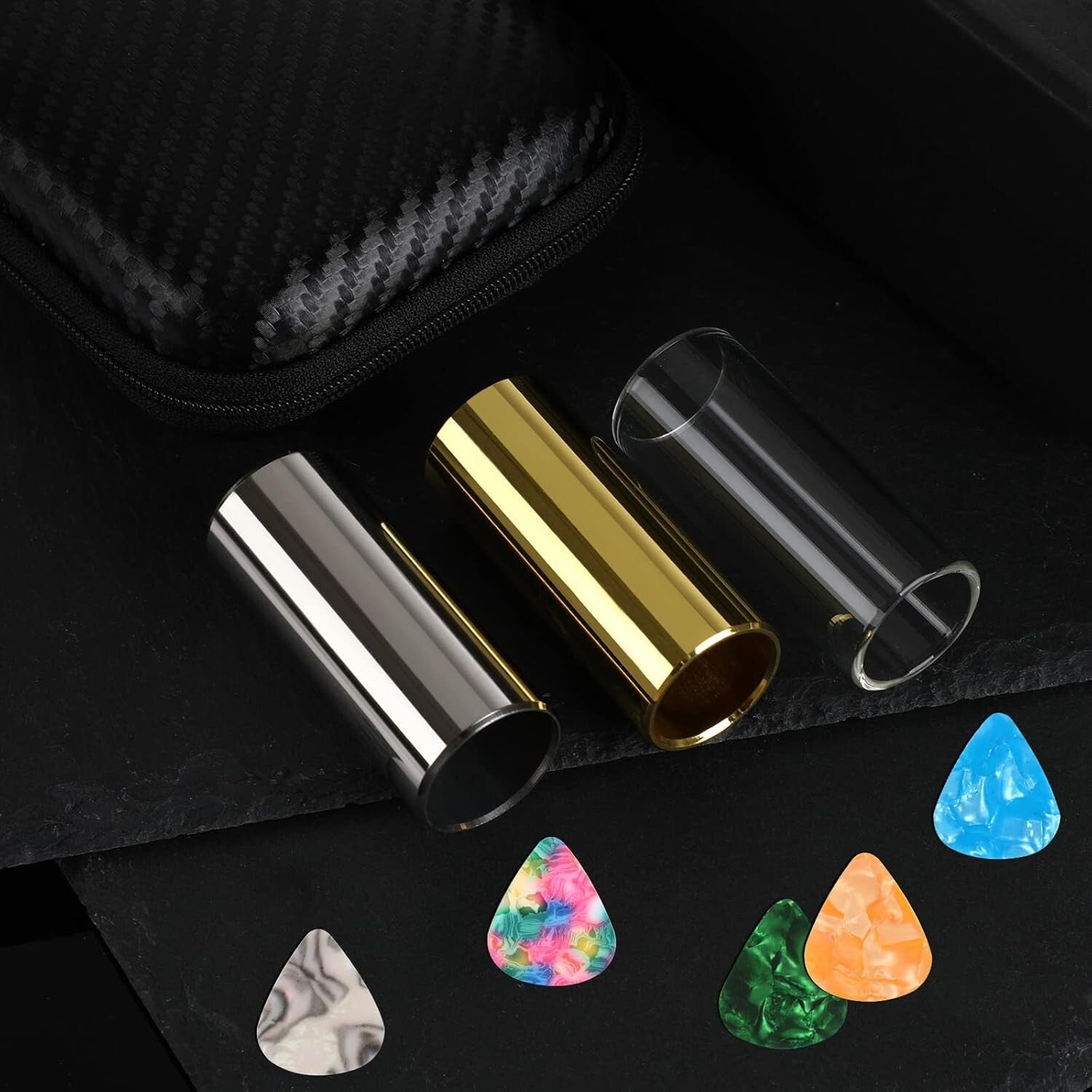 Guitar Accessories Set 4Pcs Slides 10Picks 8Pc Picks Box for Guitars Banjo Uk...